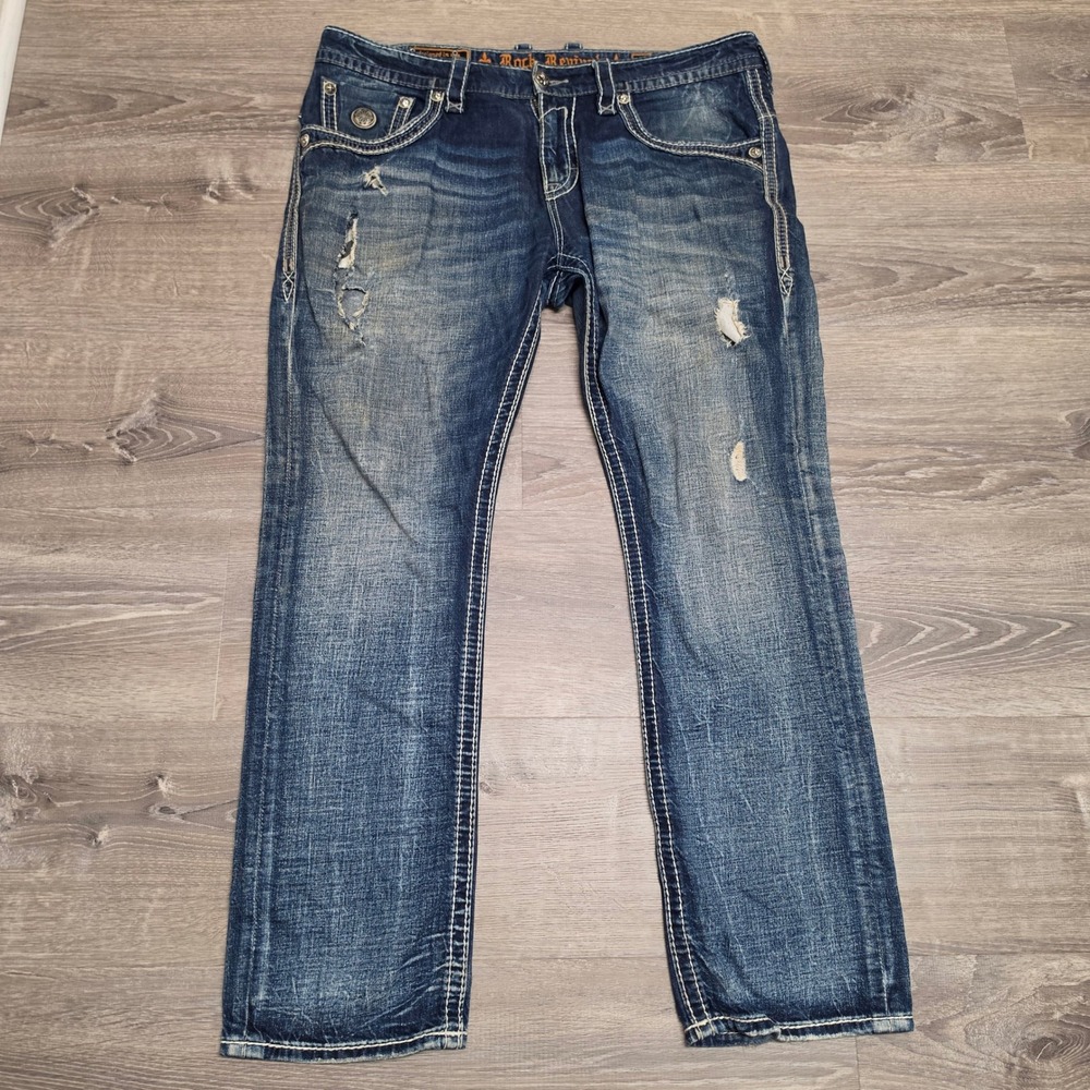 Rock Revival Mens Distressed Straight Jeans Blue RP9990J202 Size 42x33 (Tag 38)